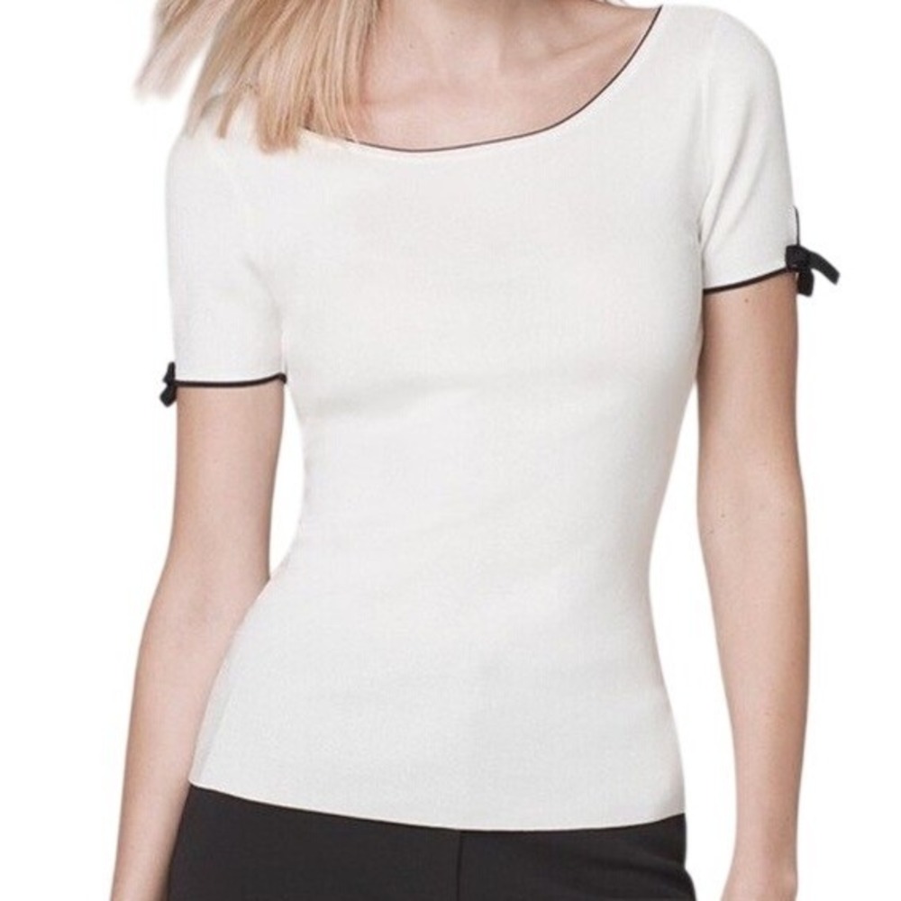 WHITE HOUSE BLACK MARKET Tipped White Black Trim Bow Sleeve Ribbed Top XS
